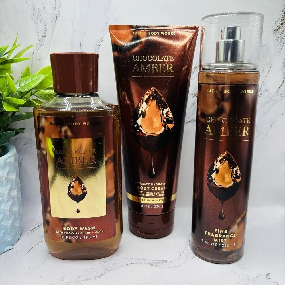 Bath & Body Works Chocolate Amber Fragrance Mist Body Wash Cream 3 Pc Set New